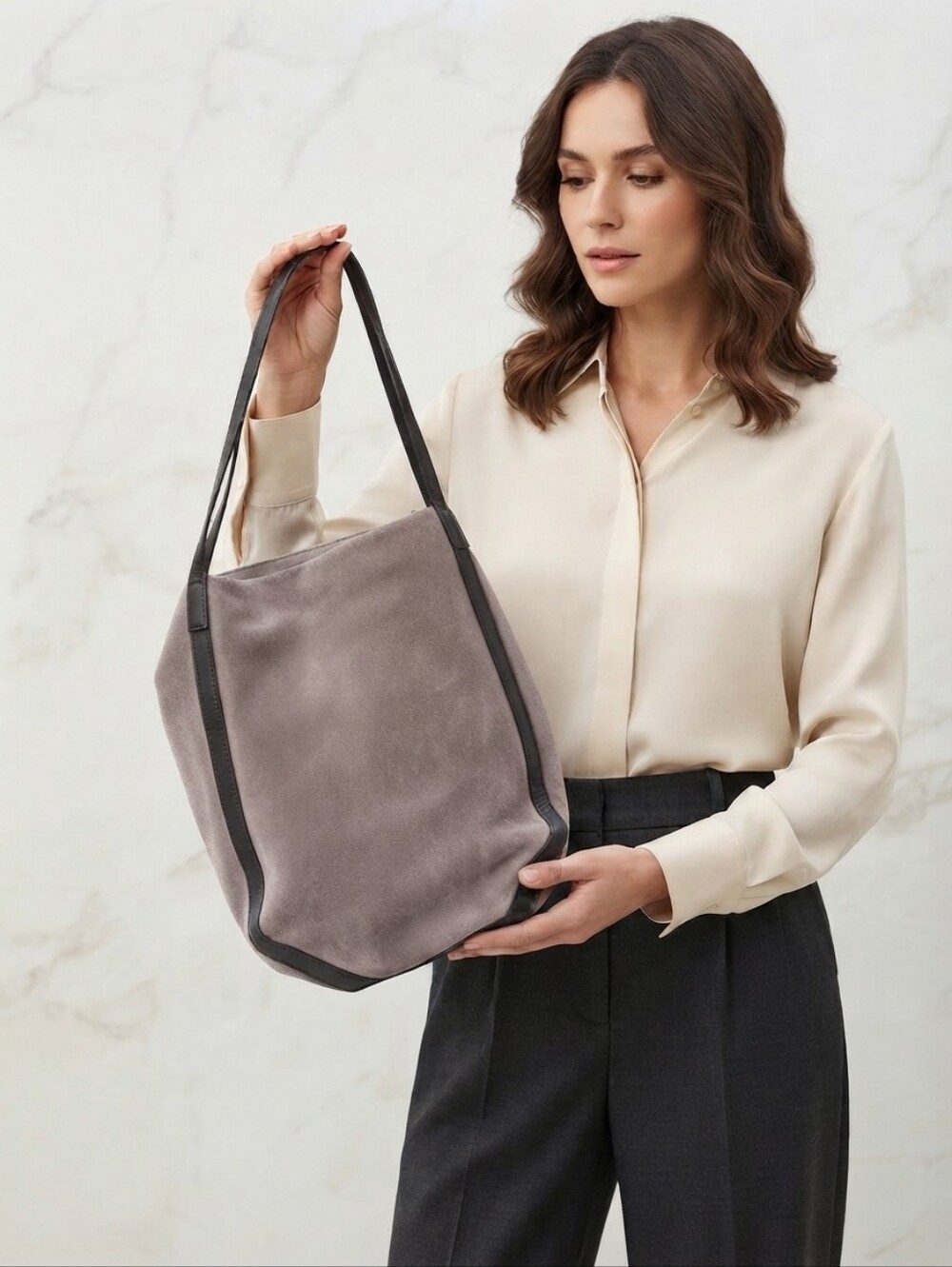 Hester Van Eeghen Taupe Suede Tote with Black Leather Trim